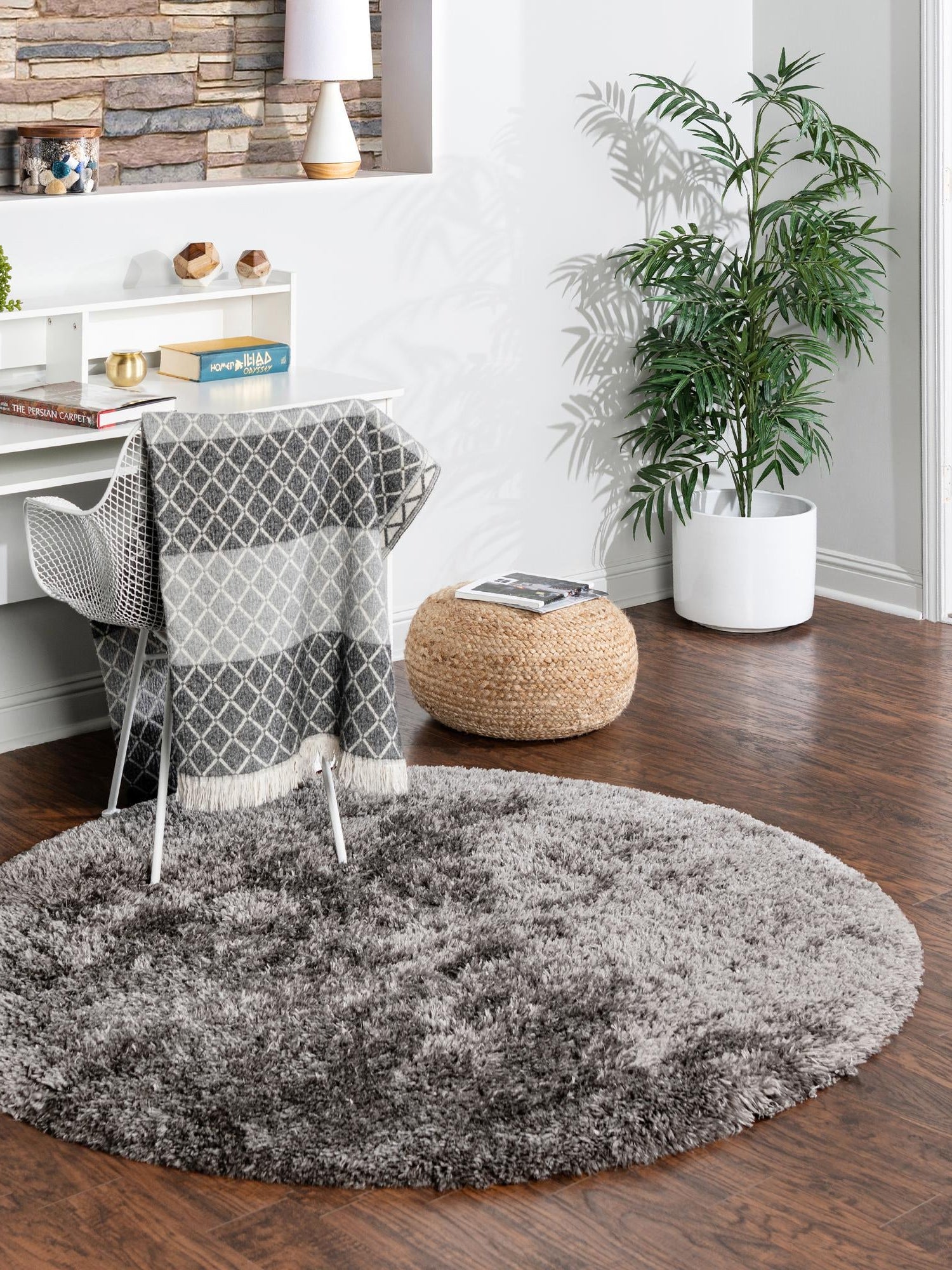 Slate 5' 3 x 5' 3 Marilyn Monroe Opulence Shag Round Area Rug Thick Soft Touch Fluffy & Plush Shaggy Pile 100% Polyester Carpet for Living, Dining, Bedroom, Office for Sale at Rug Engine