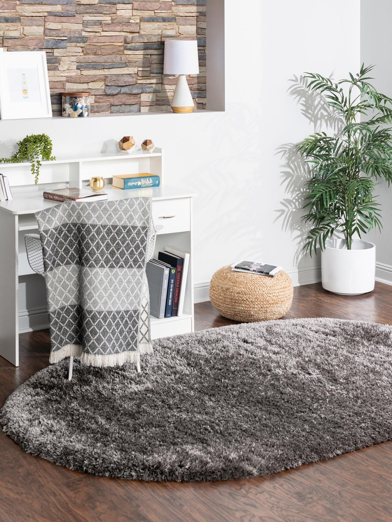 Slate 5' 3 x 8' Marilyn Monroe Opulence Shag Oval Area Rug Thick Soft Touch Fluffy & Plush Shaggy Pile 100% Polyester Carpet for Living, Dining, Bedroom, Office for Sale at Rug Engine