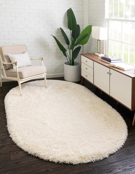 Bone 5' 3 x 8' Marilyn Monroe Opulence Shag Oval Area Rug Thick Soft Touch Fluffy & Plush Shaggy Pile