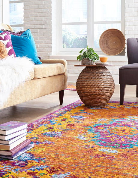 Orange 7' 10 x 10' Calypso Rectangle Area Rug 100% Polypropylene With Cotton Backing Colorful Vivid Traditional Design Carpet for Living Office Dining Rooms for Sale at Rug Engine