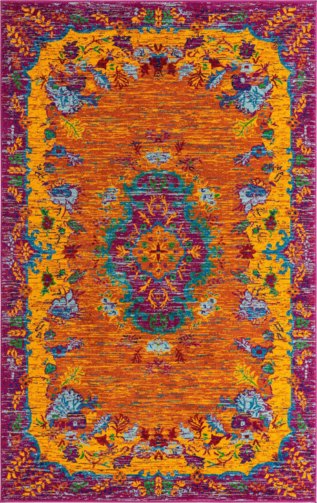 Orange 5' 3 x 8' Calypso Rectangle Area Rug 100% Polypropylene With Cotton Backing Colorful Vivid Traditional Design Carpet for Living Office Dining Rooms for Sale at Rug Engine