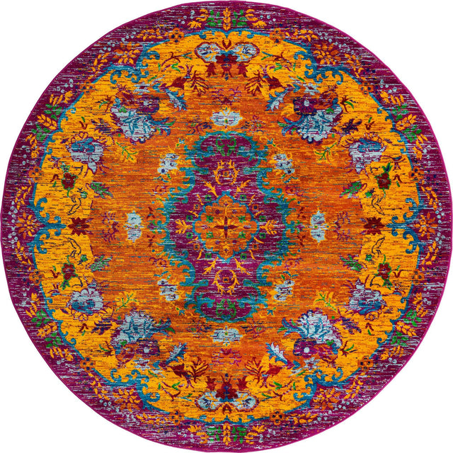 Orange 7' 10 x 7' 10 Calypso Round Area Rug 100% Polypropylene With Cotton Backing Colorful Vivid Traditional Design Carpet for Living Office Dining Rooms for Sale at Rug Engine
