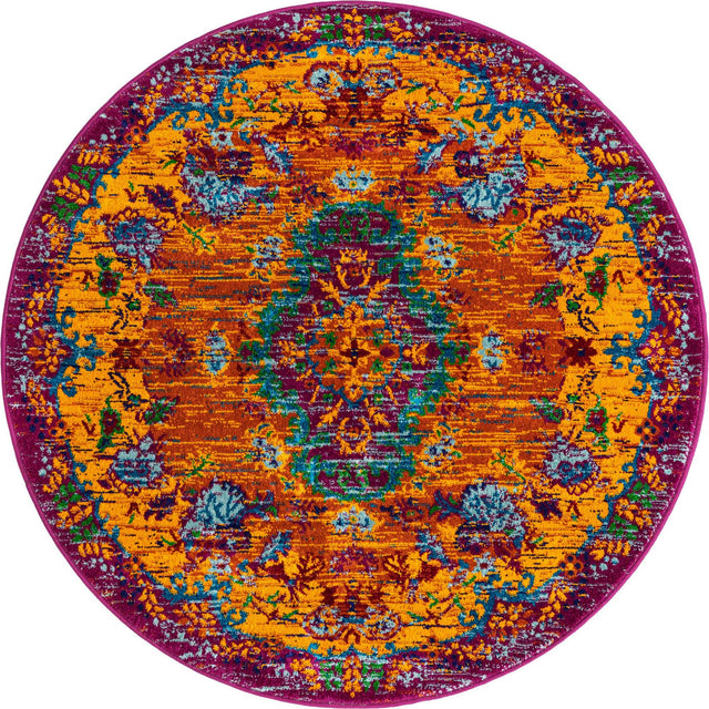 Orange 4' x 4' Calypso Round Area Rug 100% Polypropylene With Cotton Backing Colorful Vivid Traditional Design Carpet for Living Office Dining Rooms for Sale at Rug Engine