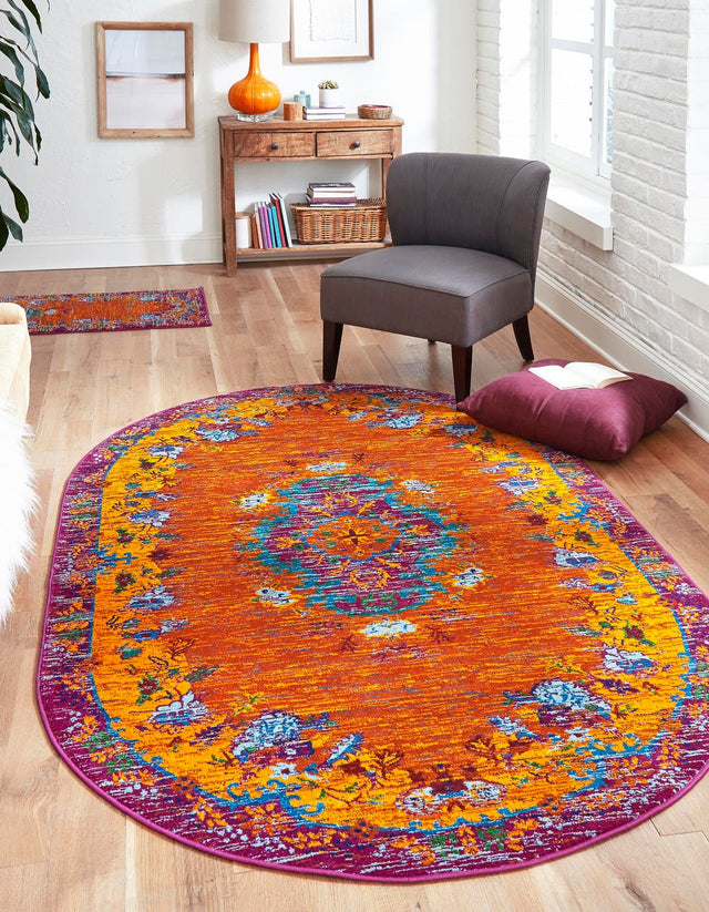 Orange 5' 3 x 8' Calypso Oval Area Rug 100% Polypropylene With Cotton Backing Colorful Vivid Traditional Design Carpet for Living Office Dining Rooms for Sale at Rug Engine