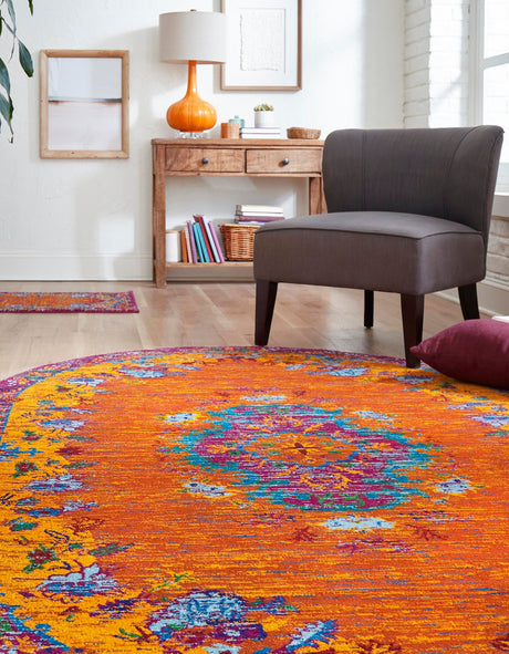 Orange 7' 10 x 10' Calypso Oval Area Rug 100% Polypropylene With Cotton Backing Colorful Vivid Traditional Design Carpet for Living Office Dining Rooms for Sale at Rug Engine