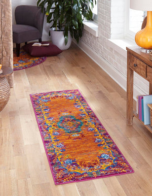 Orange 2' 7 x 12' Calypso Runner Area Rug 100% Polypropylene With Cotton Backing Colorful Vivid Traditional Design Carpet for Living Office Dining Rooms for Sale at Rug Engine