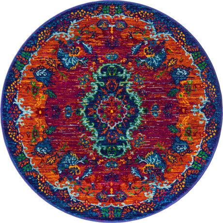 Fuchsia 4' x 4' Calypso Round Area Rug 100% Polypropylene With Cotton Backing Colorful Vivid Traditional Design Carpet for Living Office Dining Rooms for Sale at Rug Engine