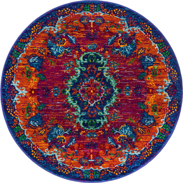 Fuchsia 4' x 4' Calypso Round Area Rug 100% Polypropylene With Cotton Backing Colorful Vivid Traditional Design Carpet for Living Office Dining Rooms for Sale at Rug Engine