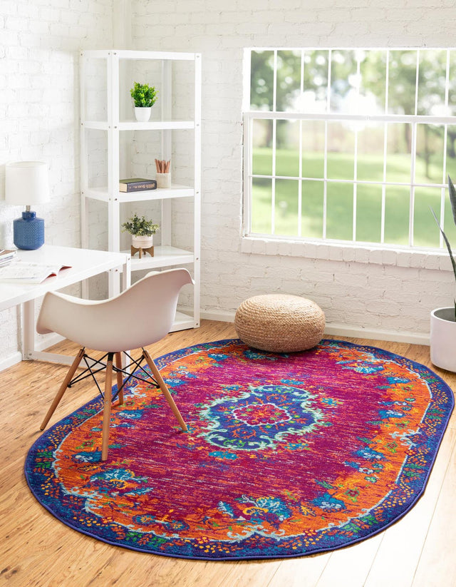 Fuchsia 7' 10 x 10' Calypso Oval Area Rug 100% Polypropylene With Cotton Backing Colorful Vivid Traditional Design Carpet for Living Office Dining Rooms for Sale at Rug Engine