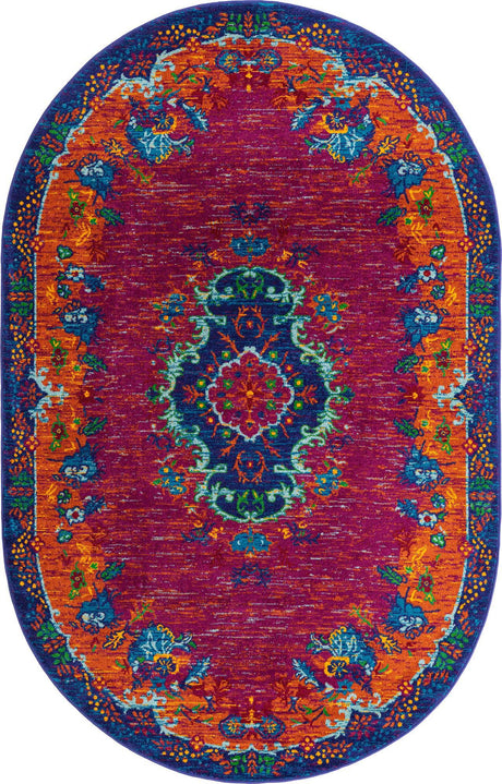 Fuchsia 5' 3 x 8' Calypso Oval Area Rug 100% Polypropylene With Cotton Backing Colorful Vivid Traditional Design Carpet for Living Office Dining Rooms for Sale at Rug Engine