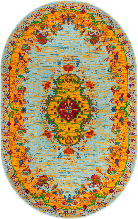 Aqua 5' 3 x 8' Calypso Oval Area Rug 100% Polypropylene With Cotton Backing Colorful Vivid Traditional Design Carpet for Living Office Dining Rooms for Sale at Rug Engine