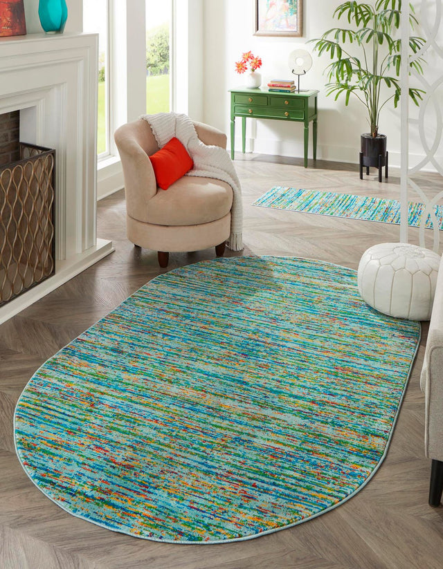Aqua 5' 3 x 8' Calypso Oval Area Rug 100% Polypropylene With Cotton Backing Colorful Vivid Traditional Design Carpet for Living Office Dining Rooms for Sale at Rug Engine
