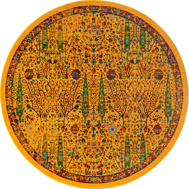 Yellow 7' 10 x 7' 10 Calypso Round Area Rug 100% Polypropylene With Cotton Backing Colorful Vivid Traditional Design Carpet for Living Office Dining Rooms for Sale at Rug Engine