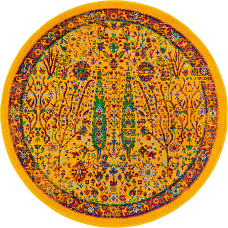 Yellow 4' x 4' Calypso Round Area Rug 100% Polypropylene With Cotton Backing Colorful Vivid Traditional Design Carpet for Living Office Dining Rooms for Sale at Rug Engine