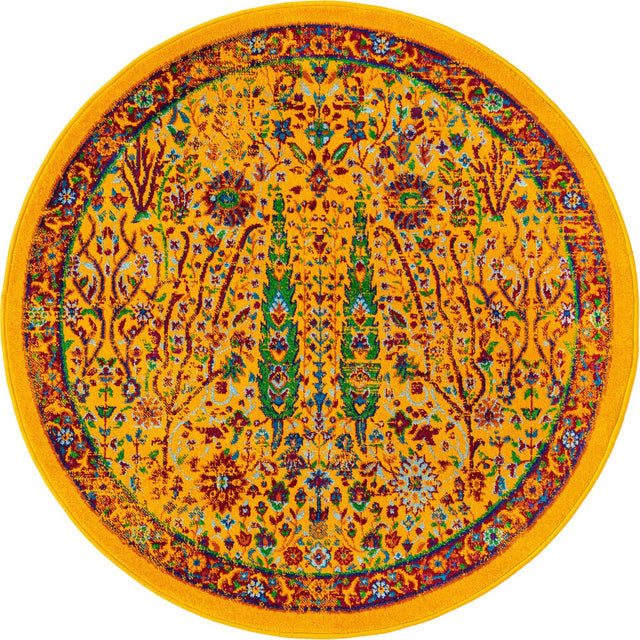 Yellow 4' x 4' Calypso Round Area Rug 100% Polypropylene With Cotton Backing Colorful Vivid Traditional Design Carpet for Living Office Dining Rooms for Sale at Rug Engine