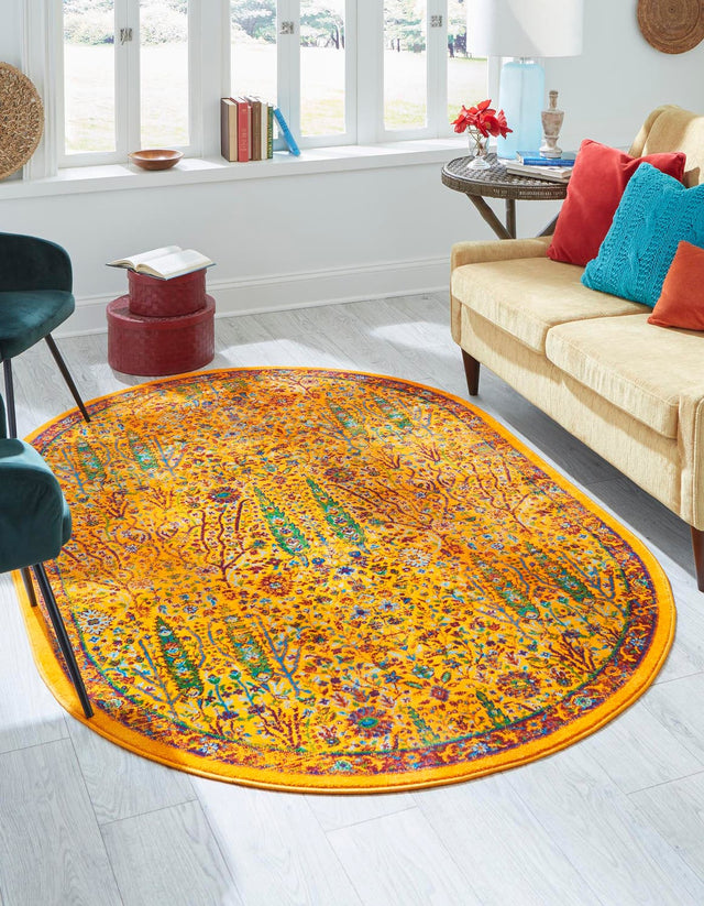 Yellow 5' 3 x 8' Calypso Oval Area Rug 100% Polypropylene With Cotton Backing Colorful Vivid Traditional Design Carpet for Living Office Dining Rooms for Sale at Rug Engine