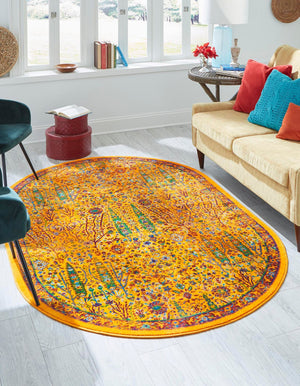 Yellow 7' 10 x 10' Calypso Oval Area Rug 100% Polypropylene With Cotton Backing Colorful Vivid Traditional Design Carpet for Living Office Dining Rooms for Sale at Rug Engine