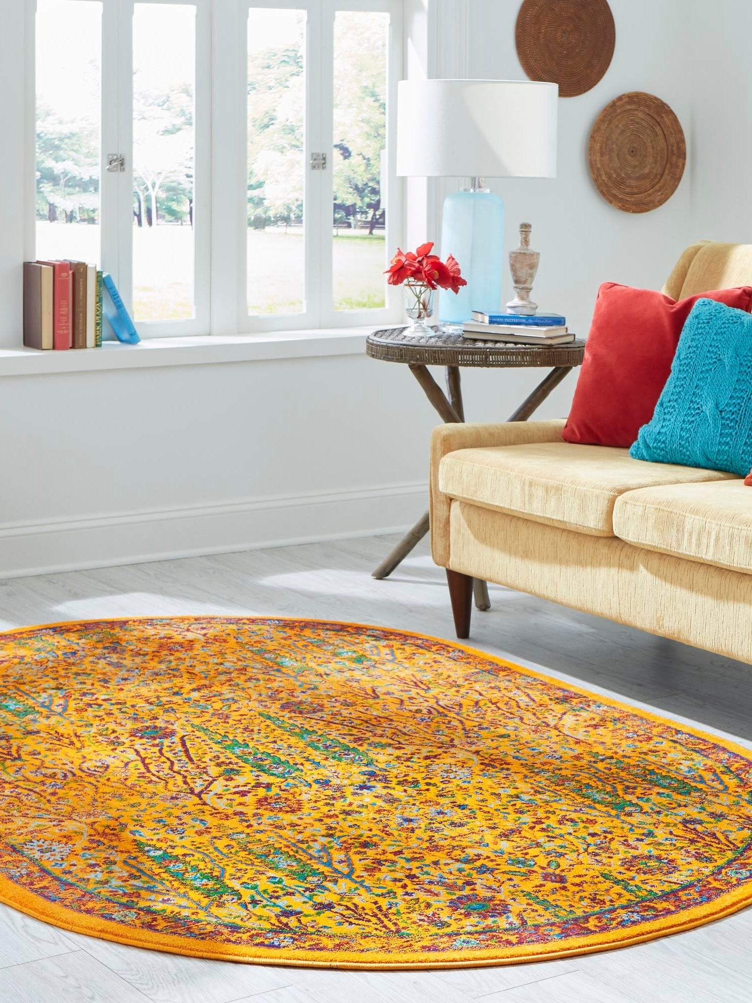 Yellow 7' 10 x 10' Calypso Oval Area Rug 100% Polypropylene With Cotton Backing Colorful Vivid Traditional Design Carpet for Living Office Dining Rooms for Sale at Rug Engine