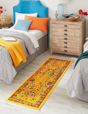 Yellow 2' x 6' Calypso Runner Area Rug 100% Polypropylene With Cotton Backing Colorful Vivid Traditional Design Carpet for Living Office Dining Rooms for Sale at Rug Engine