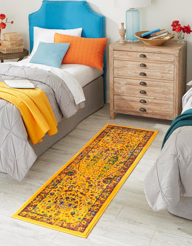 Yellow 2' x 6' Calypso Runner Area Rug 100% Polypropylene With Cotton Backing Colorful Vivid Traditional Design Carpet for Living Office Dining Rooms for Sale at Rug Engine