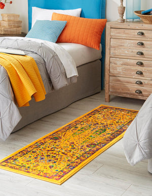 Yellow 2' 7 x 12' Calypso Runner Area Rug 100% Polypropylene With Cotton Backing Colorful Vivid Traditional Design Carpet for Living Office Dining Rooms for Sale at Rug Engine