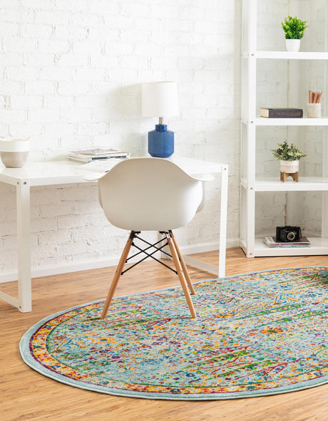 Aqua 5' 3 x 8' Calypso Oval Area Rug 100% Polypropylene With Cotton Backing Colorful Vivid Traditional Design Carpet for Living Office Dining Rooms for Sale at Rug Engine