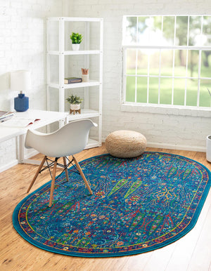 Navy Blue 5' 3 x 8' Calypso Oval Area Rug 100% Polypropylene With Cotton Backing Colorful Vivid Traditional Design Carpet for Living Office Dining Rooms for Sale at Rug Engine