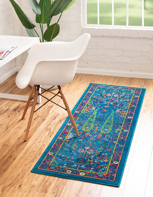 Navy Blue 2' x 6' Calypso Runner Area Rug 100% Polypropylene With Cotton Backing Colorful Vivid Traditional Design Carpet for Living Office Dining Rooms for Sale at Rug Engine