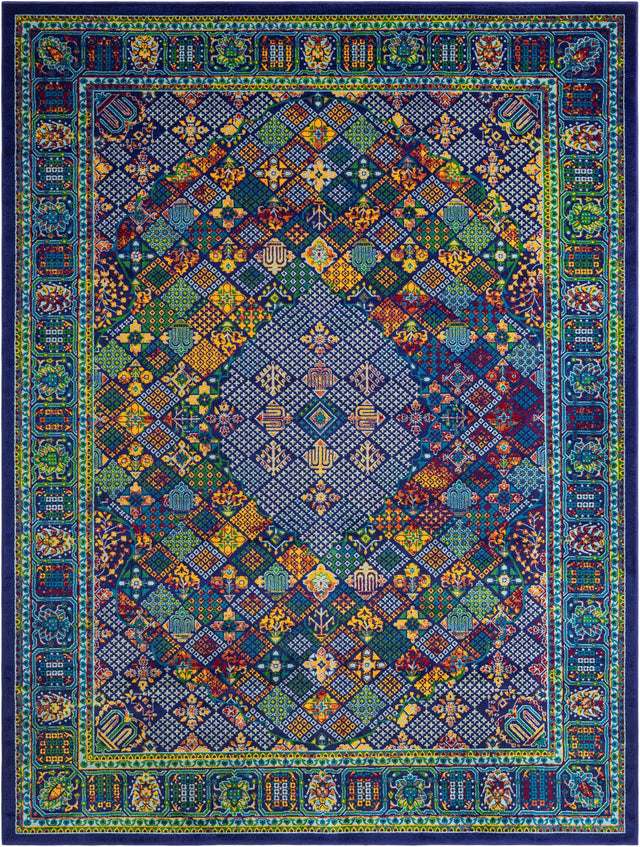 Navy Blue 9' x 12' Calypso Rectangle Area Rug 100% Polypropylene With Cotton Backing Colorful Vivid Traditional Design Carpet for Living Office Dining Rooms for Sale at Rug Engine