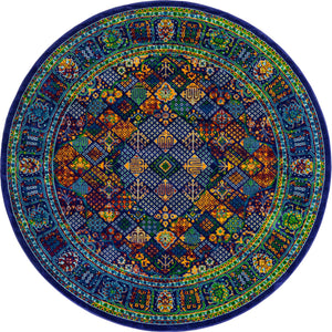 Navy Blue 7' 10 x 7' 10 Calypso Round Area Rug 100% Polypropylene With Cotton Backing Colorful Vivid Traditional Design Carpet for Living Office Dining Rooms for Sale at Rug Engine