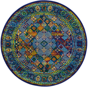 Navy Blue 6' 1 x 6' 1 Calypso Round Area Rug 100% Polypropylene With Cotton Backing Colorful Vivid Traditional Design Carpet for Living Office Dining Rooms for Sale at Rug Engine