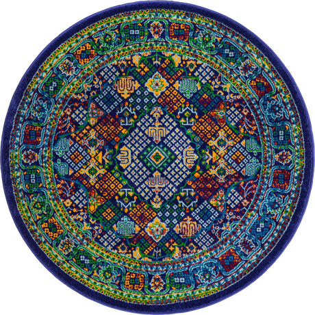 Navy Blue 4' x 4' Calypso Round Area Rug 100% Polypropylene With Cotton Backing Colorful Vivid Traditional Design Carpet for Living Office Dining Rooms for Sale at Rug Engine