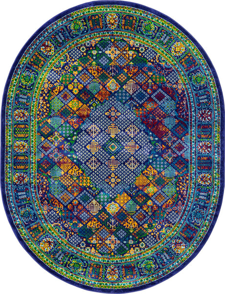 Navy Blue 7' 10 x 10' Calypso Oval Area Rug 100% Polypropylene With Cotton Backing Colorful Vivid Traditional Design Carpet for Living Office Dining Rooms for Sale at Rug Engine