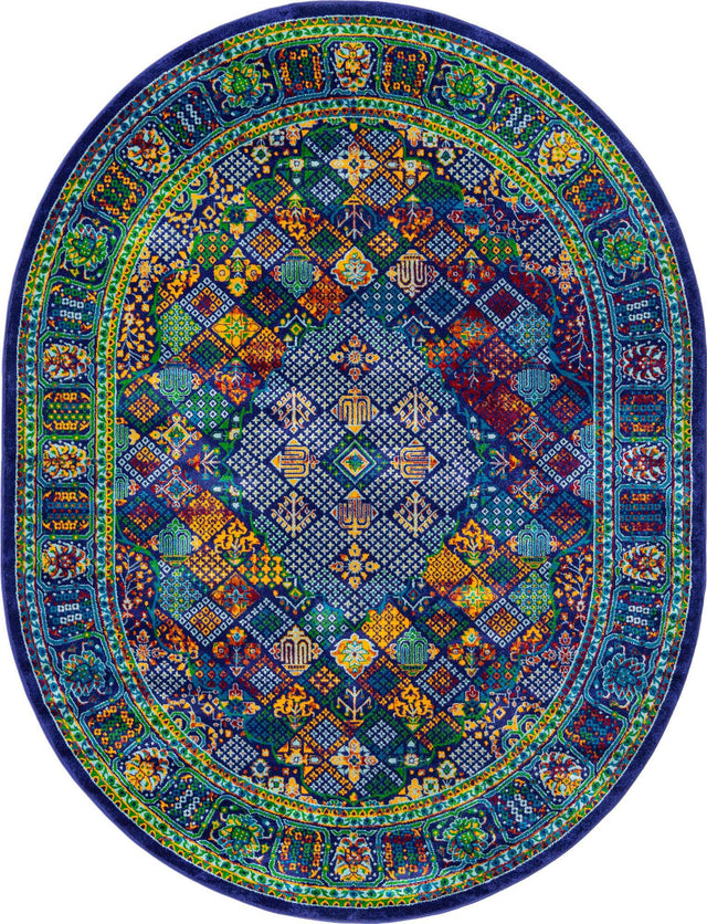 Navy Blue 7' 10 x 10' Calypso Oval Area Rug 100% Polypropylene With Cotton Backing Colorful Vivid Traditional Design Carpet for Living Office Dining Rooms for Sale at Rug Engine