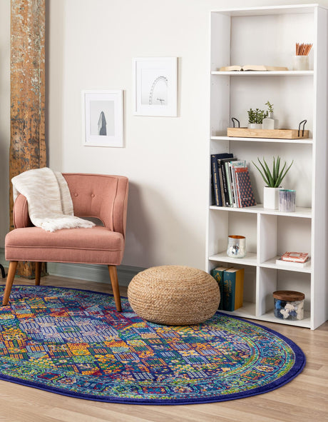 Navy Blue 7' 10 x 10' Calypso Oval Area Rug 100% Polypropylene With Cotton Backing Colorful Vivid Traditional Design Carpet for Living Office Dining Rooms for Sale at Rug Engine