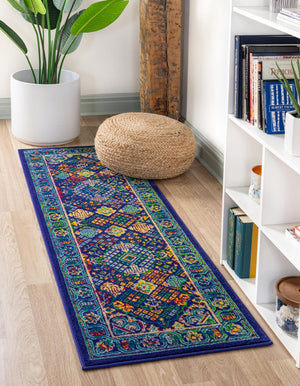Navy Blue 2' x 6' Calypso Runner Area Rug 100% Polypropylene With Cotton Backing Colorful Vivid Traditional Design Carpet for Living Office Dining Rooms for Sale at Rug Engine