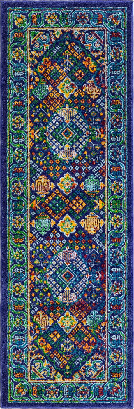 Navy Blue 2' x 6' Calypso Runner Area Rug 100% Polypropylene With Cotton Backing Colorful Vivid Traditional Design Carpet for Living Office Dining Rooms for Sale at Rug Engine
