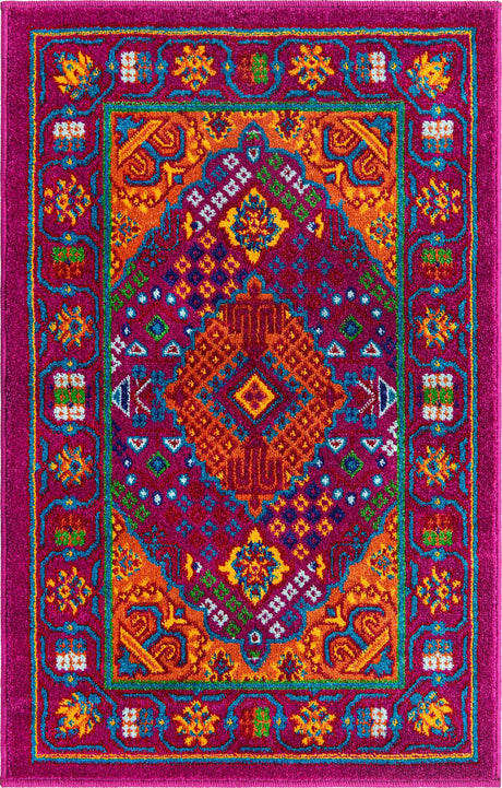 Fuchsia 2' x 3' Calypso Rectangle Area Rug 100% Polypropylene With Cotton Backing Colorful Vivid Traditional Design Carpet for Living Office Dining Rooms for Sale at Rug Engine