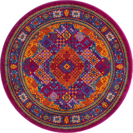 Fuchsia 4' x 4' Calypso Round Area Rug 100% Polypropylene With Cotton Backing Colorful Vivid Traditional Design Carpet for Living Office Dining Rooms for Sale at Rug Engine