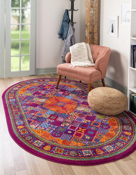 Fuchsia 5' 3 x 8' Calypso Oval Area Rug 100% Polypropylene With Cotton Backing Colorful Vivid Traditional Design Carpet for Living Office Dining Rooms for Sale at Rug Engine