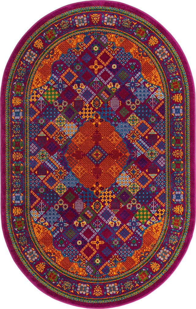 Fuchsia 5' 3 x 8' Calypso Oval Area Rug 100% Polypropylene With Cotton Backing Colorful Vivid Traditional Design Carpet for Living Office Dining Rooms for Sale at Rug Engine
