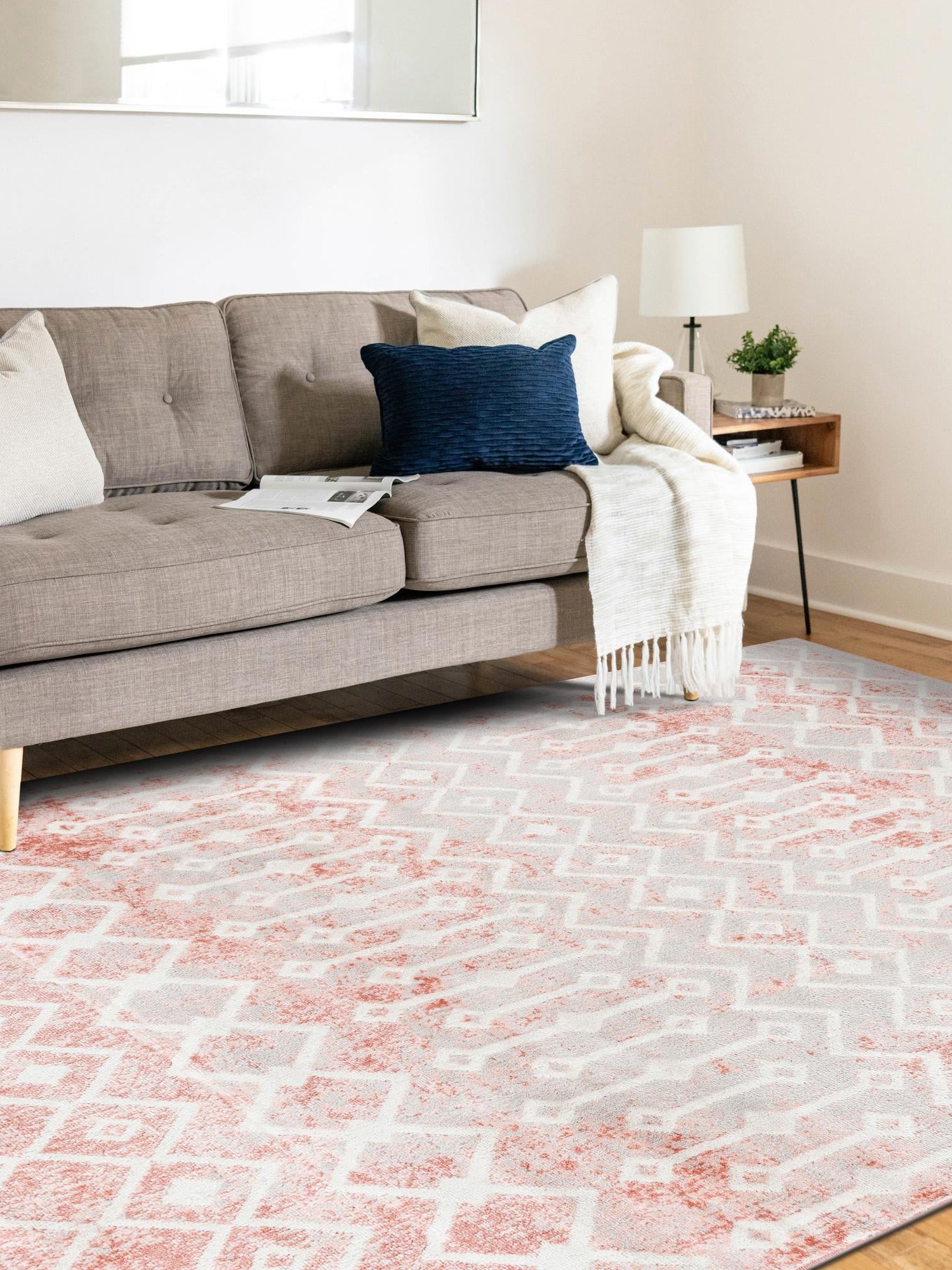 Dusty Rose 7' 10 x 11' Bohemian Trellis Rectangle Area Rug 100% Polypropylene With Cotton Backing Geometric Modern Boho Decor Carpet for Living Rooms Office Dining Kitchen Interior Design for Sale at Rug Engine
