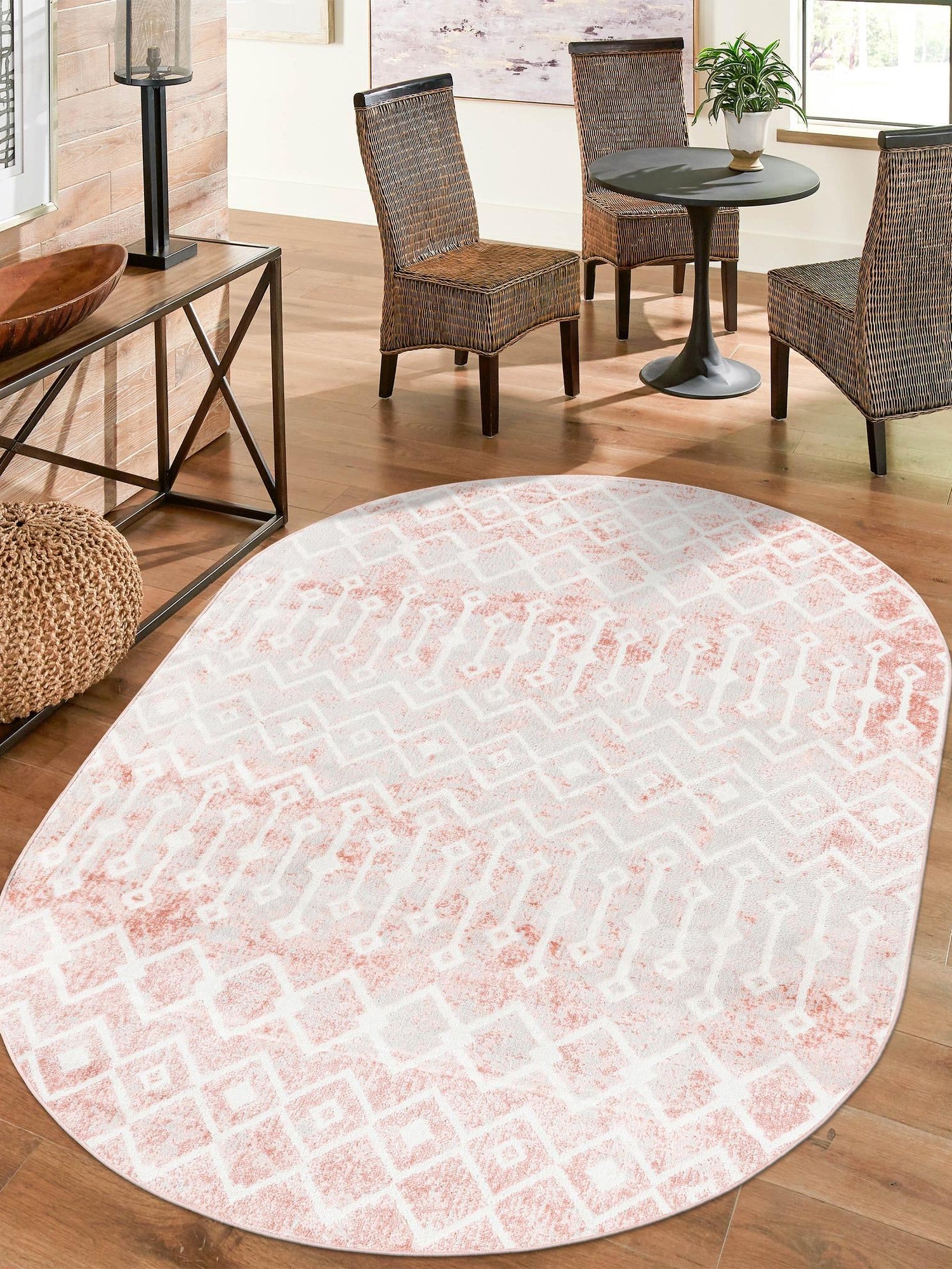 Dusty Rose 5' 3 x 8' Bohemian Trellis Oval Area Rug 100% Polypropylene With Cotton Backing Geometric Modern Boho Decor Carpet for Living Rooms Office Dining Kitchen Interior Design for Sale at Rug Engine