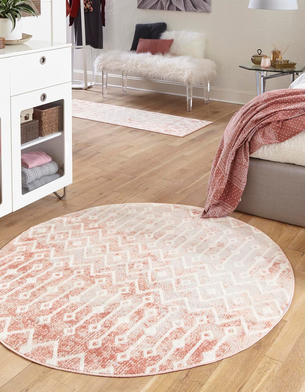 Dusty Rose 3' x 3' Bohemian Trellis Round Area Rug 100% Polypropylene With Cotton Backing Geometric Modern Boho Decor Carpet for Living Rooms Office Dining Kitchen Interior Design for Sale at Rug Engine