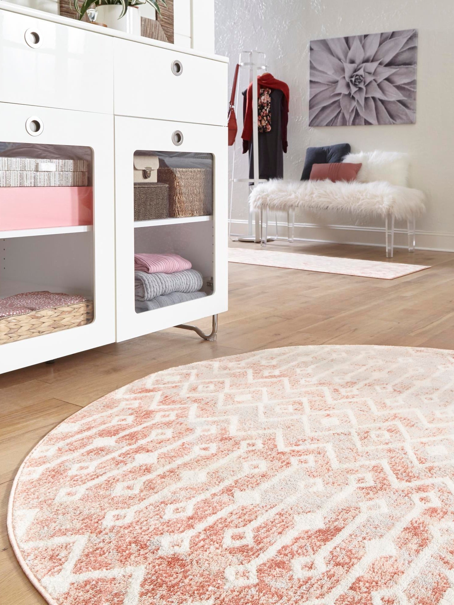 Dusty Rose 7' x 7' Bohemian Trellis Round Area Rug 100% Polypropylene With Cotton Backing Geometric Modern Boho Decor Carpet for Living Rooms Office Dining Kitchen Interior Design for Sale at Rug Engine