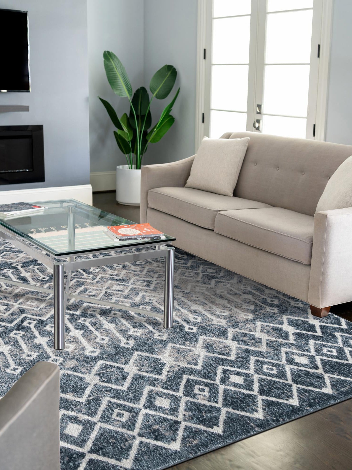 Vintage Blue 10' x 13' Bohemian Trellis Rectangle Area Rug 100% Polypropylene With Cotton Backing Geometric Modern Boho Decor Carpet for Living Rooms Office Dining Kitchen Interior Design for Sale at Rug Engine