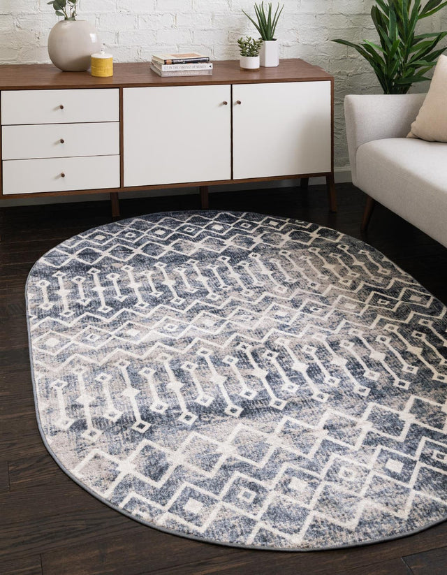 Vintage Blue 8' x 10' Bohemian Trellis Oval Area Rug 100% Polypropylene With Cotton Backing Geometric Modern Boho Decor Carpet for Living Rooms Office Dining Kitchen Interior Design for Sale at Rug Engine