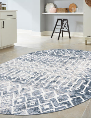 Vintage Blue 8' x 10' Bohemian Trellis Oval Area Rug 100% Polypropylene With Cotton Backing Geometric Modern Boho Decor Carpet for Living Rooms Office Dining Kitchen Interior Design for Sale at Rug Engine