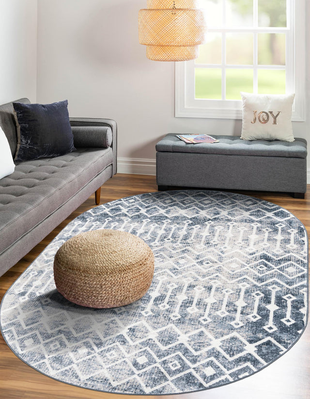 Vintage Blue 8' x 10' Bohemian Trellis Oval Area Rug 100% Polypropylene With Cotton Backing Geometric Modern Boho Decor Carpet for Living Rooms Office Dining Kitchen Interior Design for Sale at Rug Engine