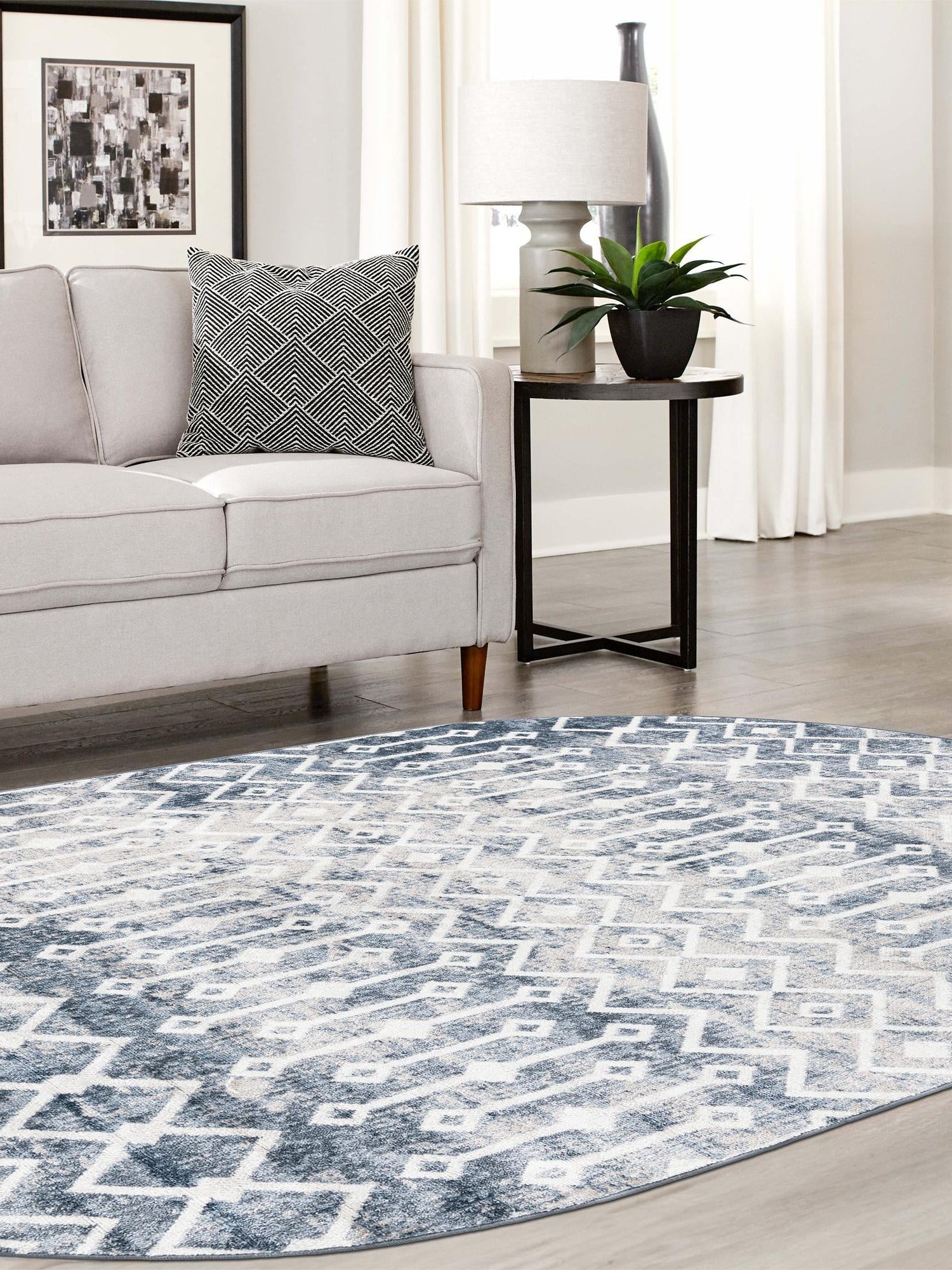 Vintage Blue 8' x 10' Bohemian Trellis Oval Area Rug 100% Polypropylene With Cotton Backing Geometric Modern Boho Decor Carpet for Living Rooms Office Dining Kitchen Interior Design for Sale at Rug Engine